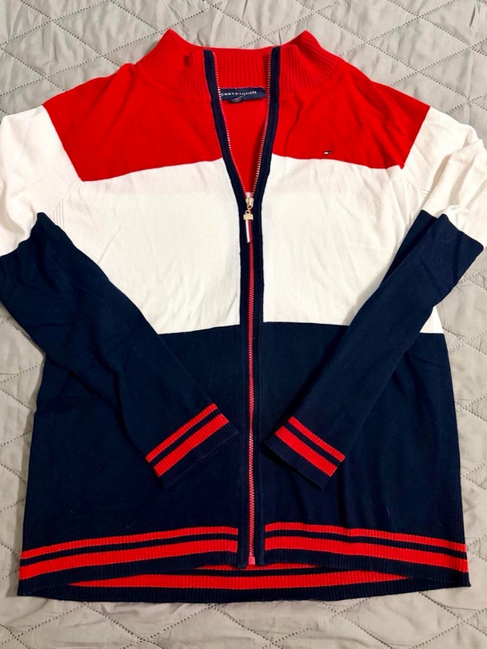Tommy Hilfiger Red White Navy Colorblock Zip Cardigan Jacket